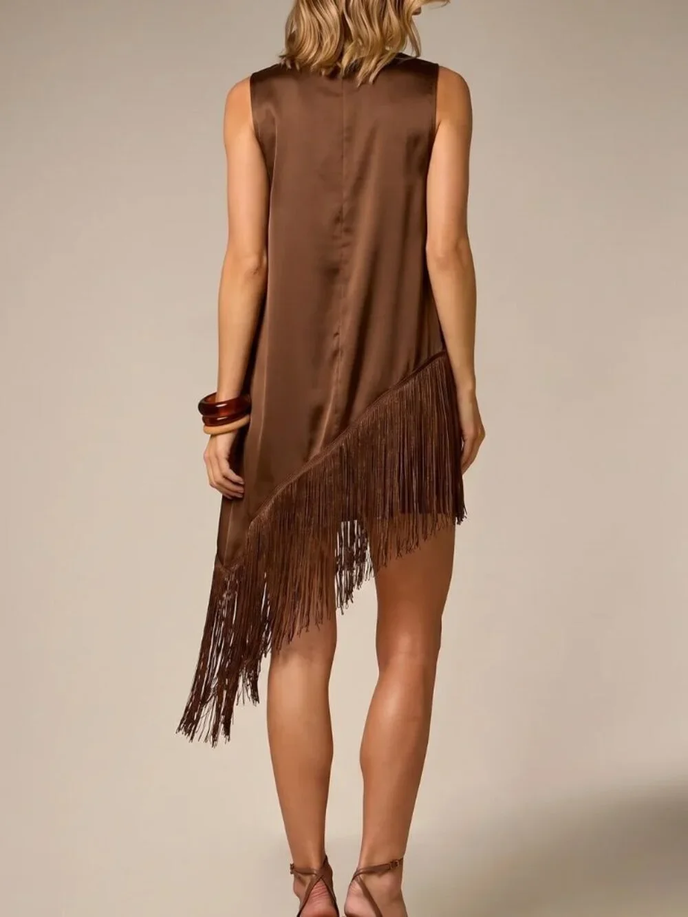 Brown Elegant Women's Mock Neck Fringe Hem Sleeveless A-Line Mini Dress